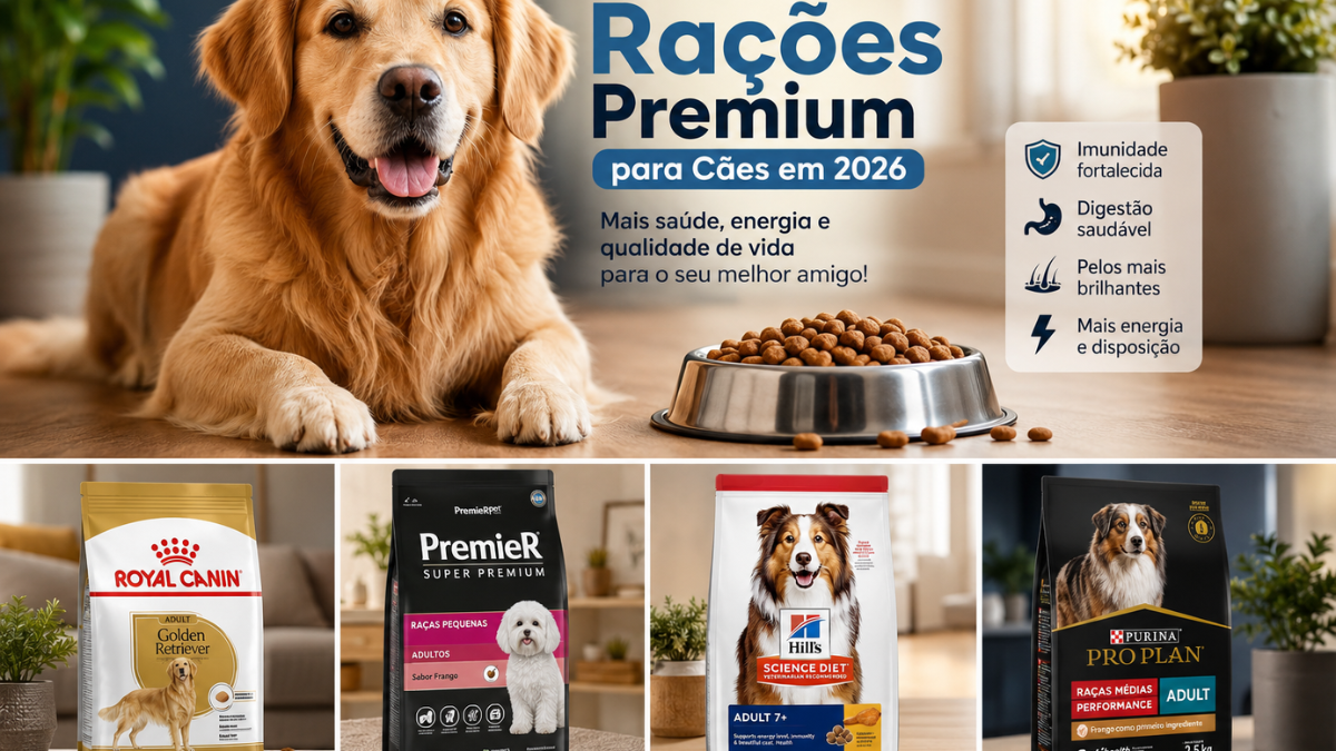 Cachorro saudável ao lado de ração premium mostrando as melhores rações para cães em 2026