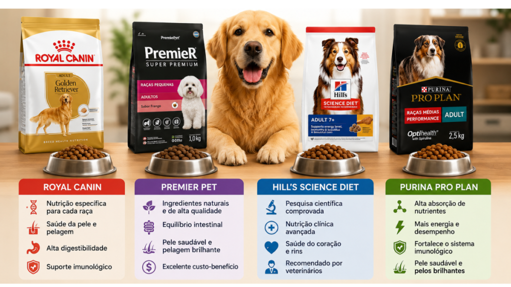 Cachorro saudável ao lado de ração premium mostrando as melhores rações para cães em 2026