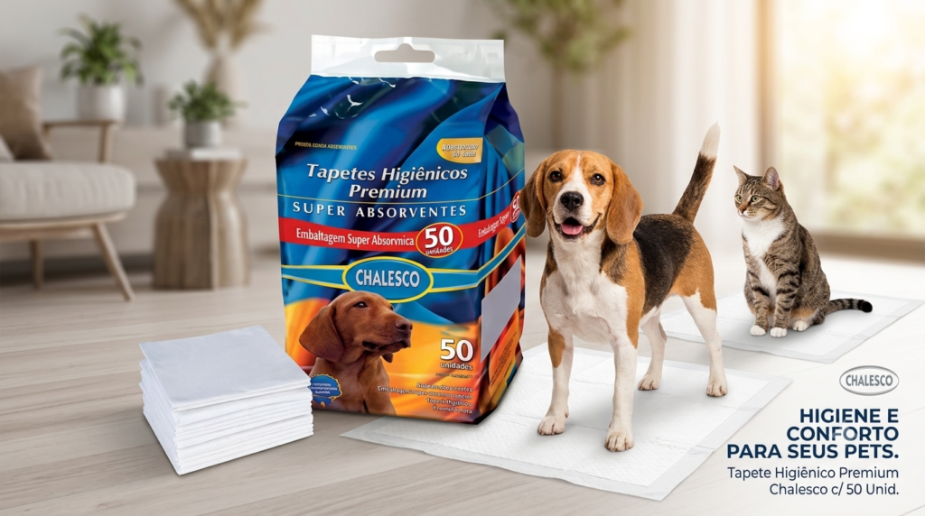 Cachorro utilizando o Tapete Higiênico Premium Chalesco C/ 50 Unid. em ambiente interno, mostrando alta absorção e proteção contra vazamentos