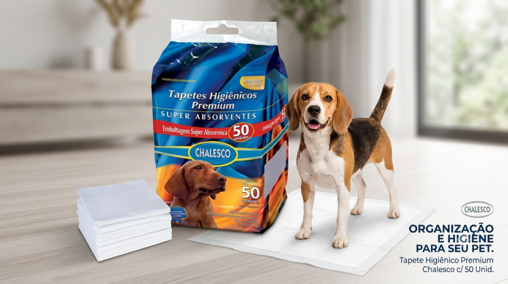 Tapete Higiênico Premium Chalesco C/ 50 Unid. com cão fazendo as necessidades de forma higiênica em ambiente interno.