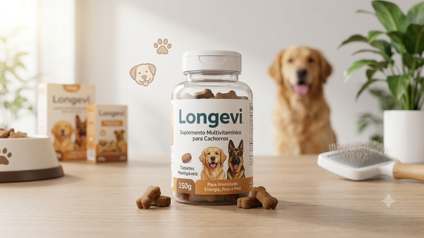**Texto alternativo (ALT):** Suplemento multivitamínico para cachorros em tabletes mastigáveis, desenvolvido para auxiliar na imunidade, energia, saúde da pele e brilho da pelagem dos cães.