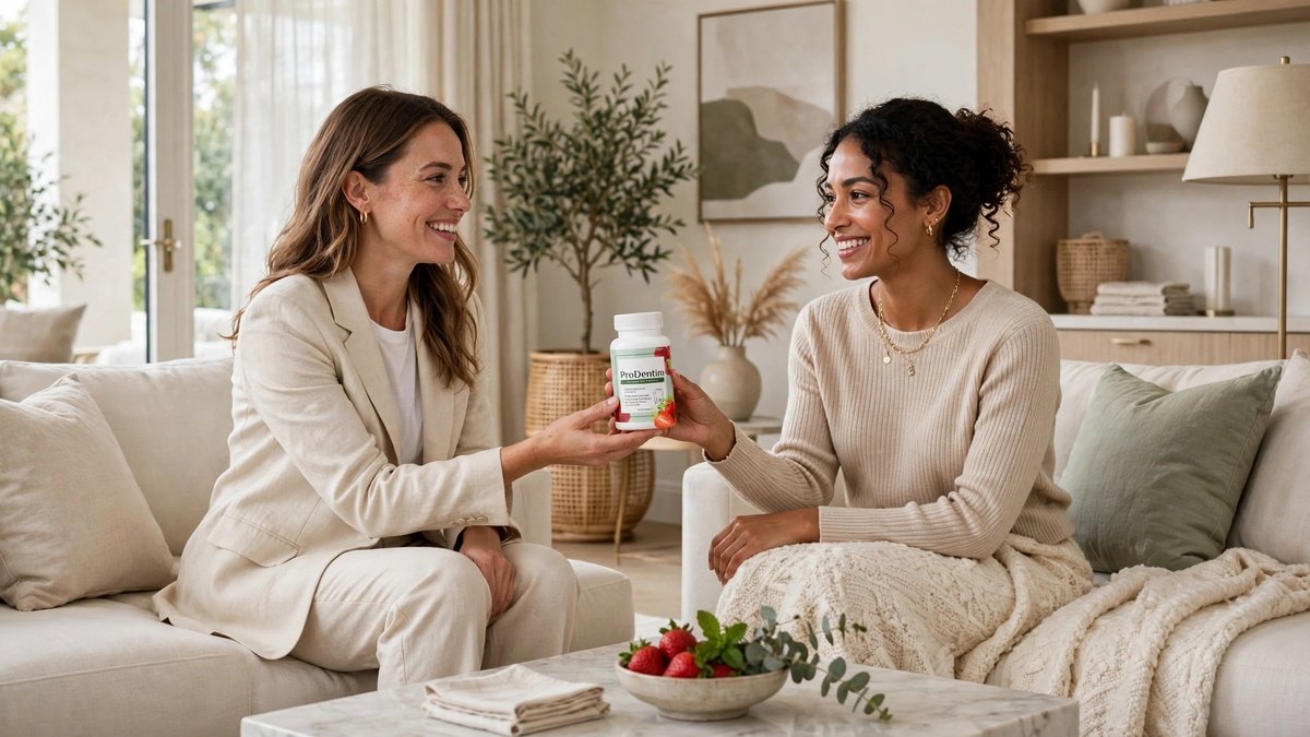Two happy women in luxurious living room sharing ProDentim advanced oral probiotics bottle - trusted oral health supplement recommendation