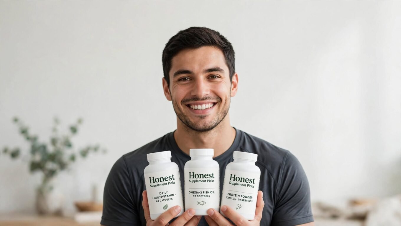 Homem a sorrir, de t-shirt cinzenta, a segurar três frascos brancos com o logótipo "Honest Supplement Picks" (um multivitamínico, ómega-3 e proteína em pó).