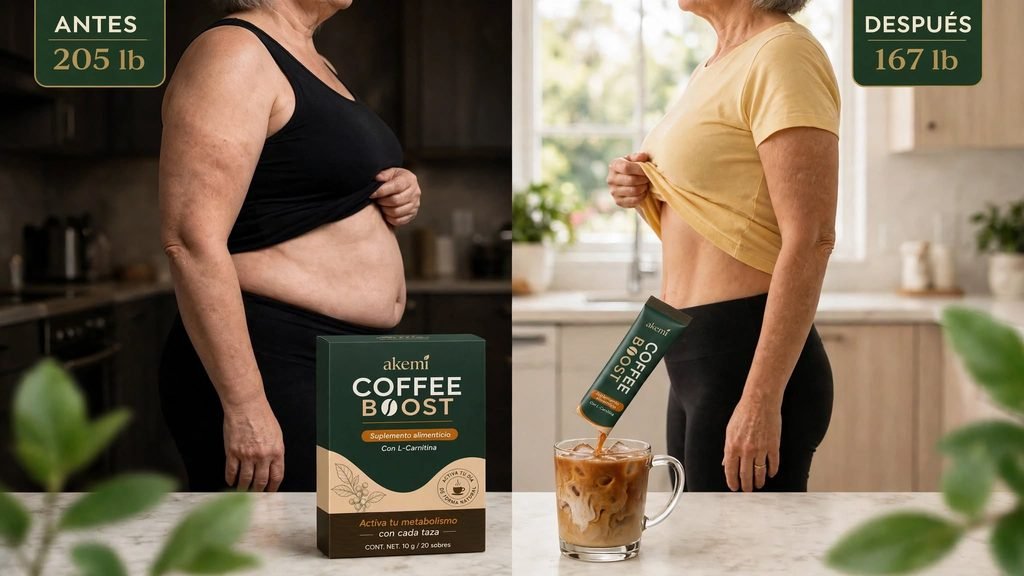 Akemi Coffee Boost product box and a drink preparation scene with a before and after body reference